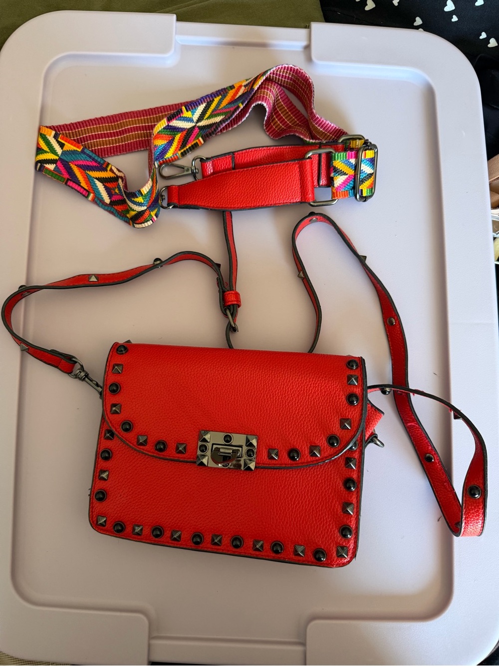 Vegan leather, Red Studded Crossbody Bag with Colorful Strap